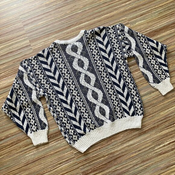 Boulevard Club Textured Knit Pullover Sweater Vintage 90s Blue/White Pattern - Picture 6 of 7